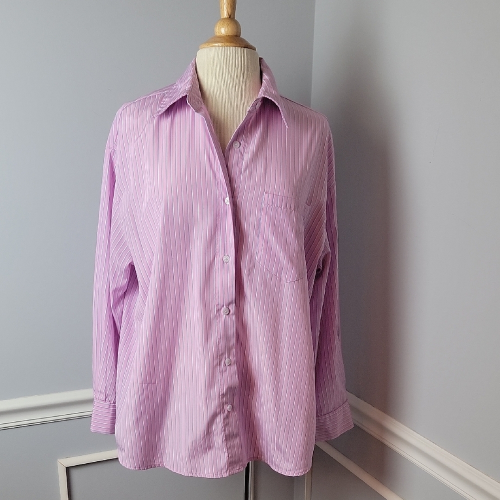 SHEIN Pink‎ Blue White Striped Oversized Oxford Office Casual Button Up Shirt M